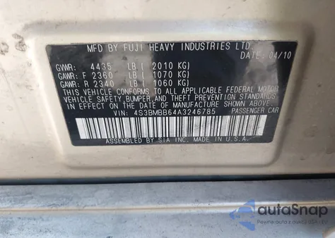 2010 Subaru Legacy 2.5I Premium from USA, damaged, VIN 4S3BMBB64A3246785